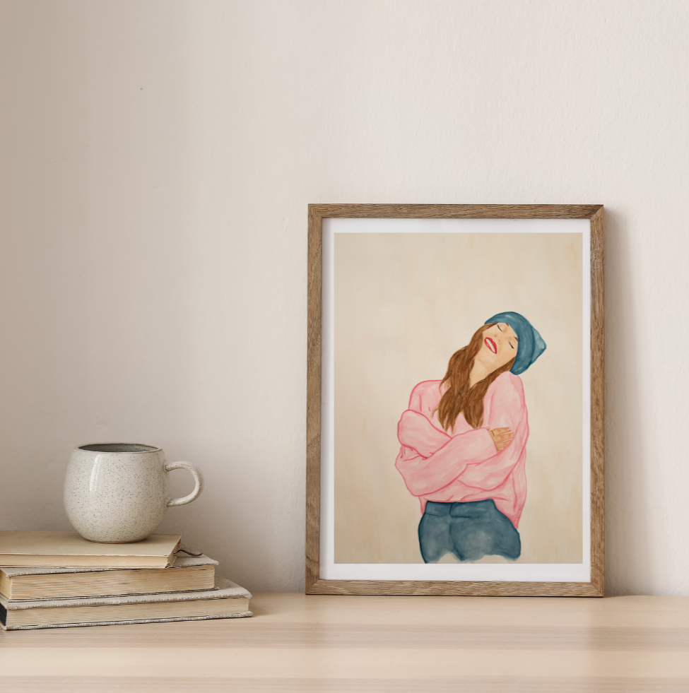 Illustration en aquarelle d'une silhouette douce et sereine, représentant la pleine conscience, la gratitude et le bien-être. Une œuvre apaisante pour ceux qui recherchent une décoration bienveillante et inspirante.