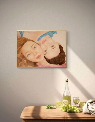 Mockup encadré de l’aquarelle Portrait Gémeaux, illustration artistique représentant une femme double inspirée du signe astrologique des Gémeaux.