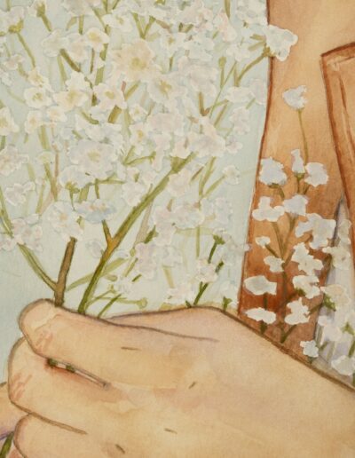 Une femme tient des délicates fleurs blanches séchées dans ses mains. Peinture aquarelle.