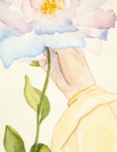 Aquarelle intitulée L’Éclat intérieur représentant une fleur en pleine floraison, aux couleurs lumineuses et douces, symbole d’épanouissement personnel et de renouveau.