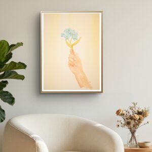 Reproduction aquarelle fleur myosotis dans décor chaleureux