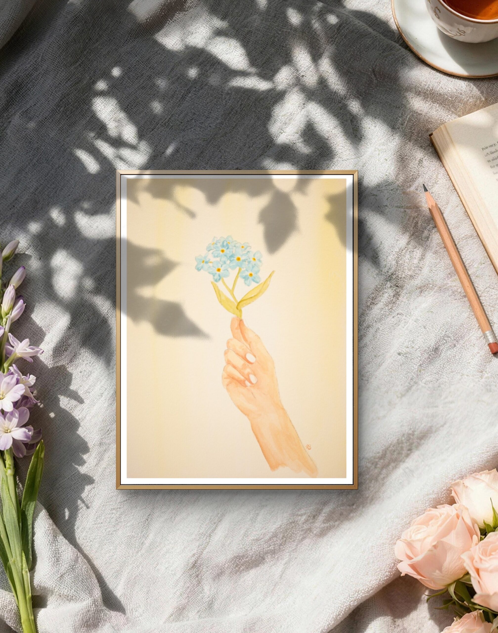 Reproduction aquarelle myosotis fleur pique-nique Reproduction aquarelle fleur myosotis dans décor chaleureux