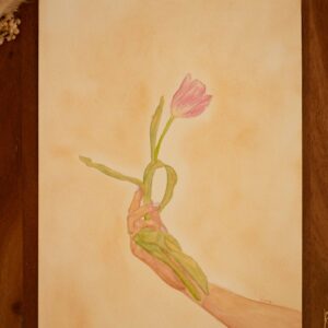 Aquarelle d'une main de femme tenant une tulipe rose, sur fond beige. Œuvre portant sur la résilience.