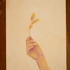 Aquarelle Simplicité, une main de femme soulève fièrement une herbe. Couleurs beiges, pastel, neutres. Une œuvre sur l'amour de soi, pour te rappeler que tu as toujours été assez.